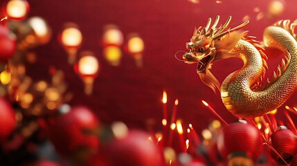 Fototapeta premium A 3D illustration of a golden dragon swirling in the air, surrounded by glowing red lanterns and firecrackers, set against a rich red background, symbolizing prosperity