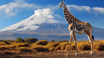 Obraz premium A giraffe stands in front of a snow-capped volcano amidst a scenic landscape.