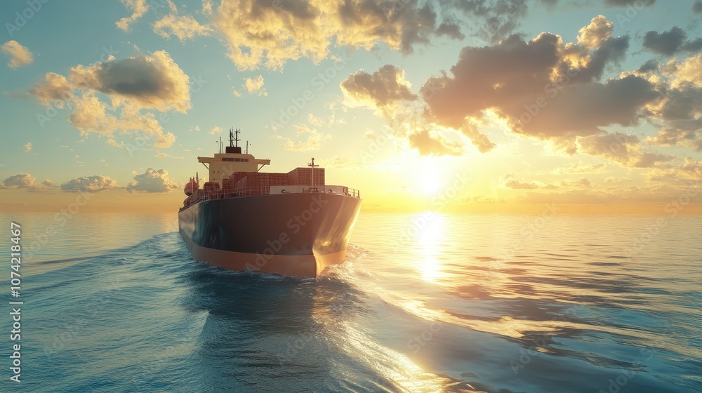 Poster a ship navigating through open waters with a cargo load, representing international shipping and its