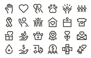 Fototapeta premium Volunteering and charity icons set. Vector minimalist line graphic elements design for social causes, donations, care, humanitarian aid.