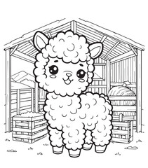 Children coloring page alpaca in front of the barn