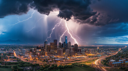 dramatic thunderstorm with lightning striking over city skyline, showcasing dark clouds and illuminated buildings. scene captures intensity of nature power