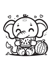 Coloring page cute elephant eat watermelon