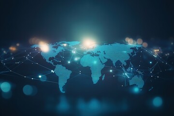 Fototapeta premium A blue world map with connected lines representing the internet and global communication on a dark blue background.