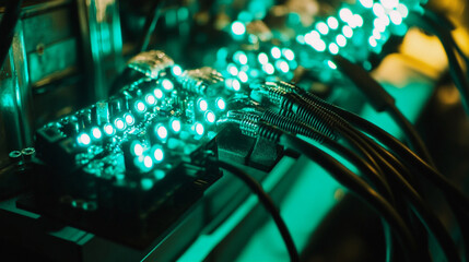 Circuit board with glowing green LED indicators in dark server room