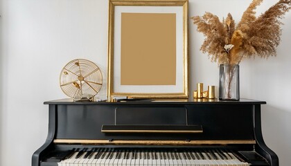Ai Generate Stylish composition at living room interior with black piano, gold mock up poster frame, dried flowers and elegant presonal accessories in modern home decor