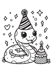 Children coloring page cute snake wearing birthday hat