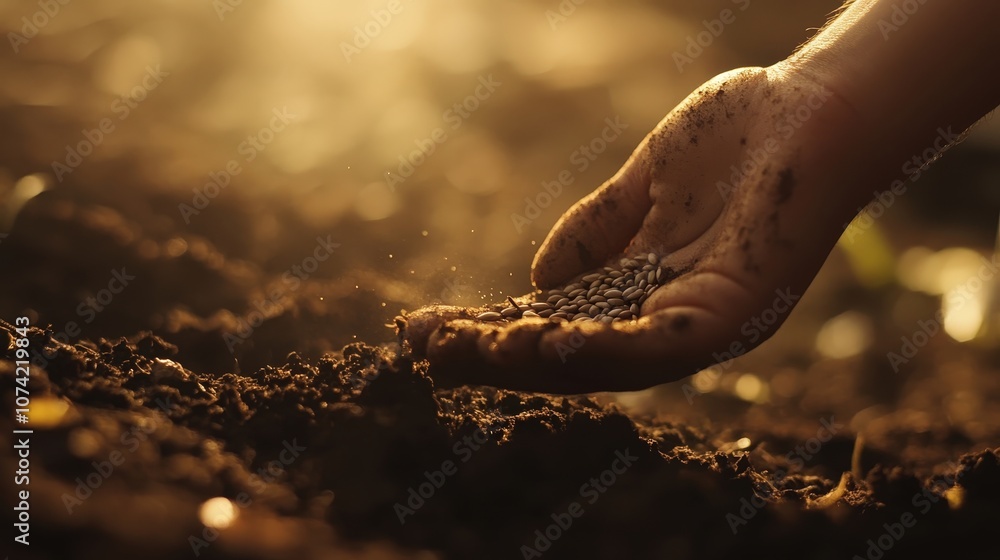 Poster a small hand holding seeds over fertile soil, symbolizing the promise of growth and the power of sma