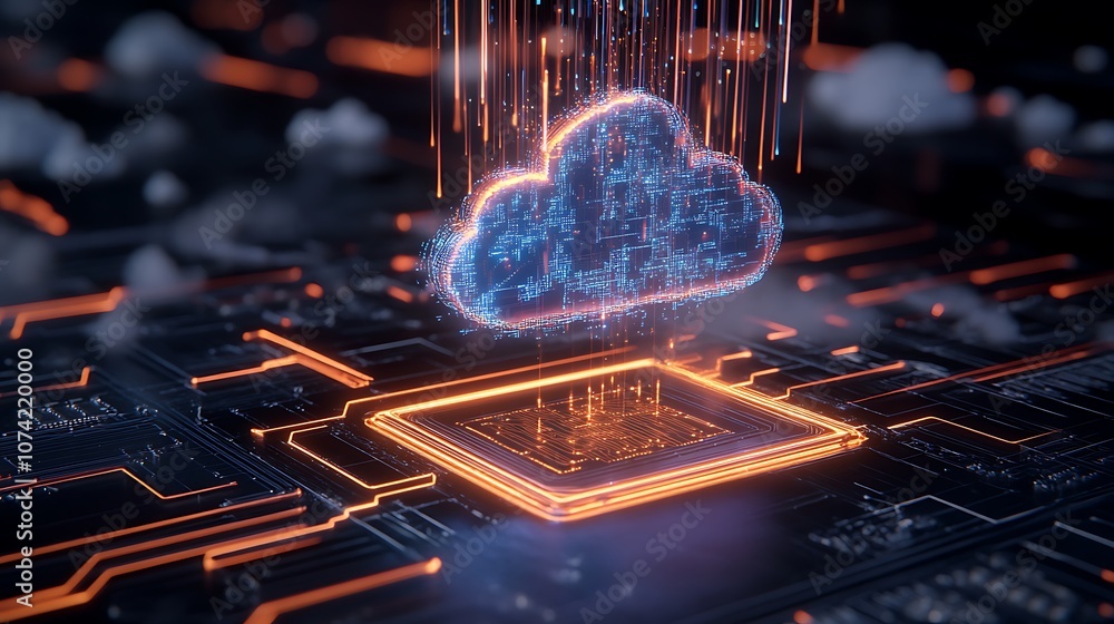 Poster digital cloud computing with data rain over a circuit board landscape