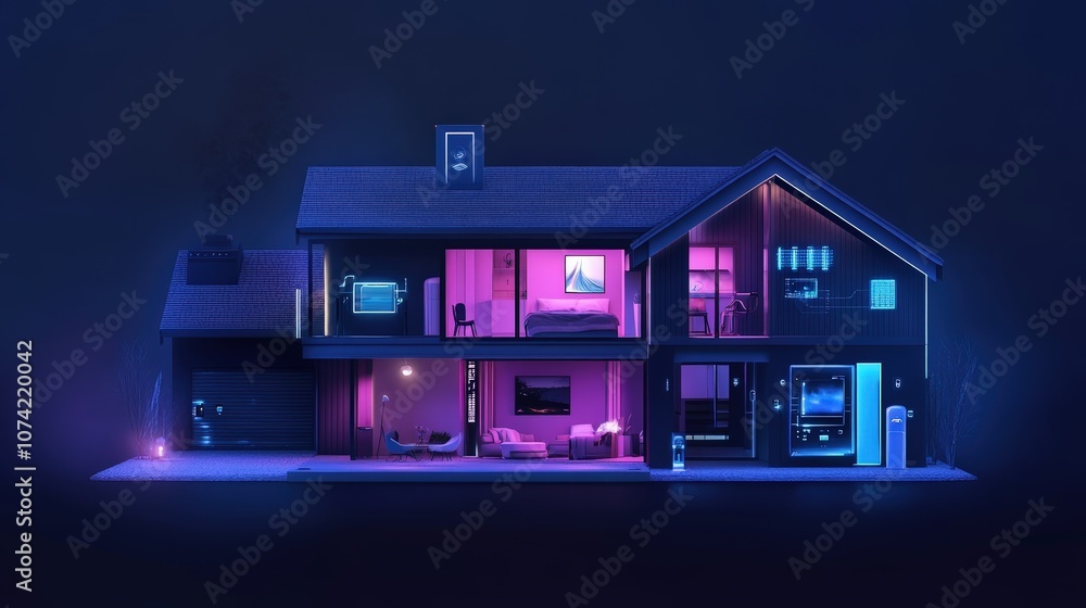 Poster a smart home of the future, featuring an interconnected system of appliances, lights, and security f