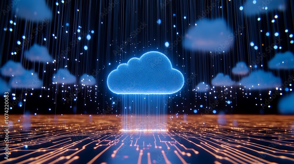 Poster digital cloud computing with data rain over a circuit board landscape