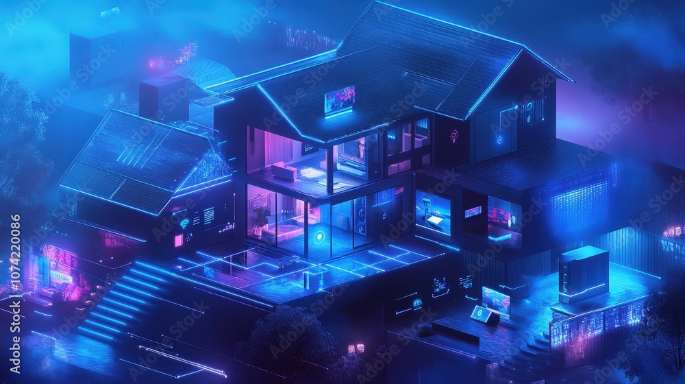 Poster a smart home of the future, featuring an interconnected system of appliances, lights, and security f