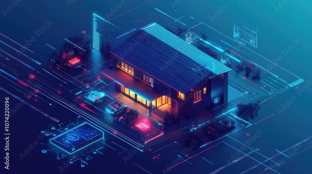 Poster a smart home of the future, featuring an interconnected system of appliances, lights, and security f