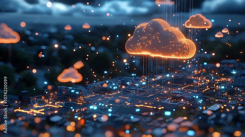Poster digital cloud computing with data rain over a circuit board landscape