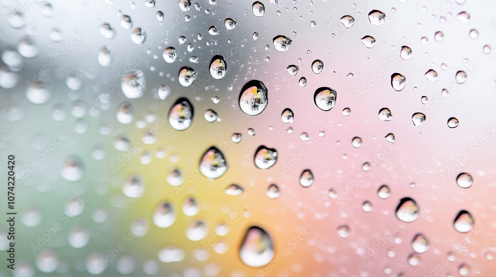 Aufkleber close-up view of water drops on a smooth surface showing a colorful abstract background, capturing t