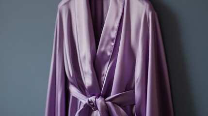 A sophisticated silk robe set in lavender, hanging gracefully, promising a luxurious start and end to the day