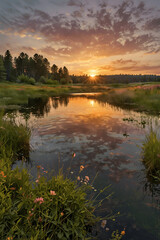 Tranquil Lakeside Sunset with Vibrant Wildflowers