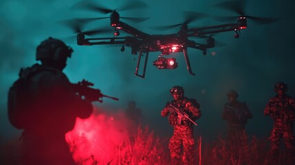 A specialized combat unit on a covert mission behind enemy lines, using a combination of advanced reconnaissance drones and night vision to gather intelligence.