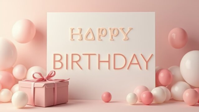 happy birthday greeting card with peach gift boxes and white and pink balloons over pastel colours background minimalist shik style mockup