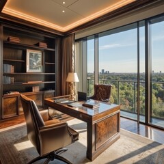 Luxurious Home Office with City View and Large Wooden Desk