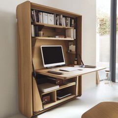 Wooden Fold-Down Desk with Built-in Shelves and a Computer