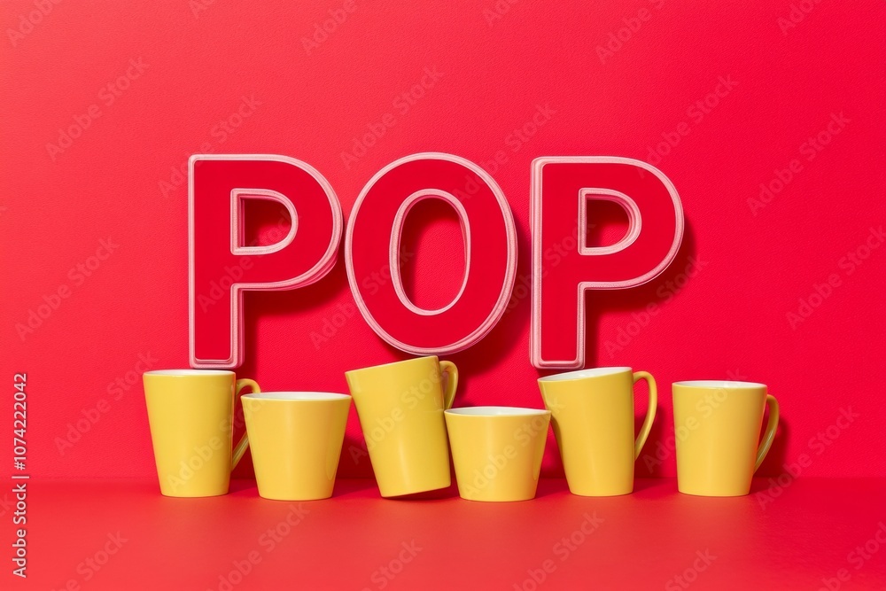 Aufkleber bold red pop letters with symmetrical yellow cups on smooth red surface in playful minimalist design