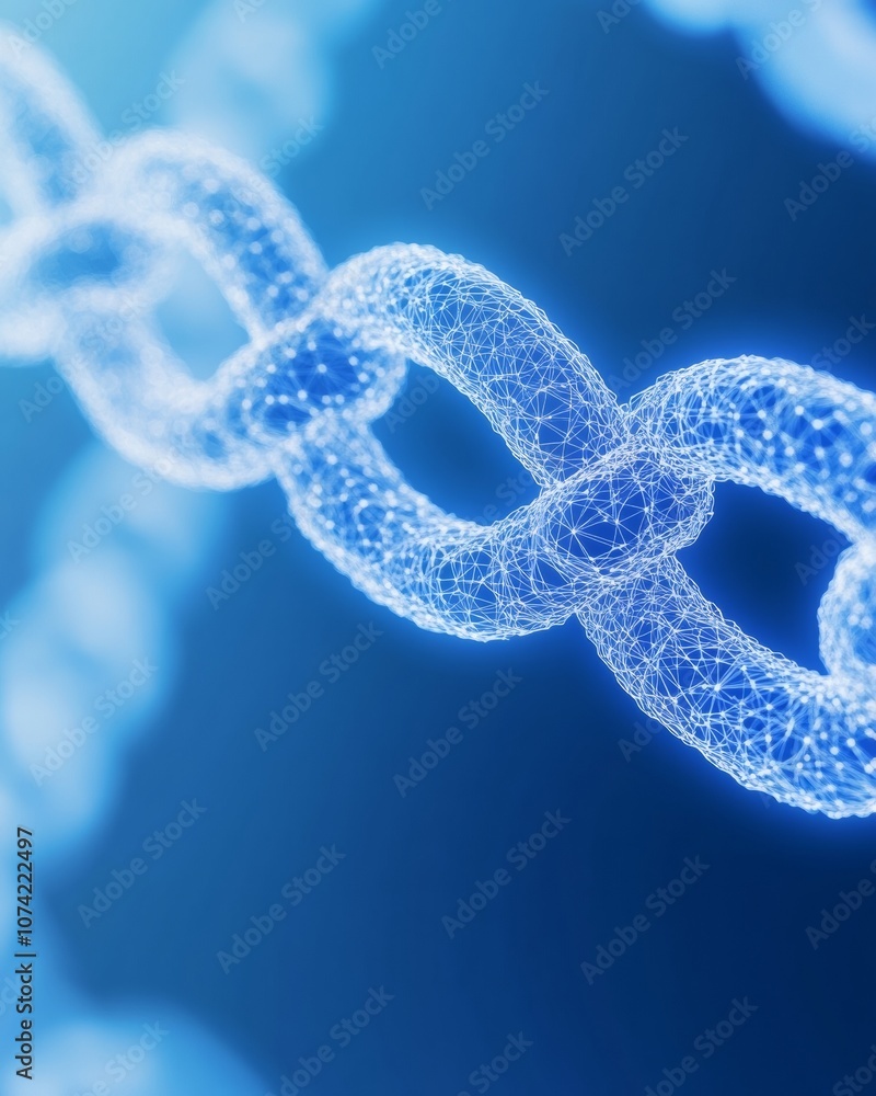 Fototapete Futuristic Blockchain Network Glowing Digital Chains and Nodes in Blue High-Tech Atmosphere