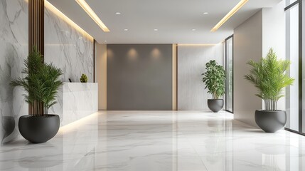 Fototapeta premium Close up view of modern office lobby, security revolving doors, floor to ceiling windows, natural light. Ai generated image