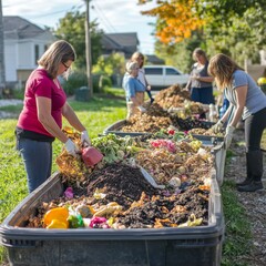 Volunteers Composting Food Waste and Yard Debris in Large Bins