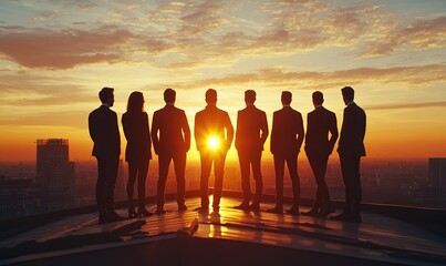 Silhouettes of a business team standing on a rooftop at sunset, looking out over the city.