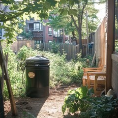 Obraz premium A Black Compost Bin in a Backyard Garden