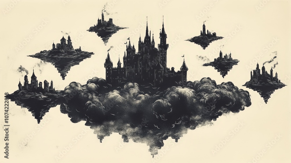 Poster surreal fantasy scene of a majestic floating castle surrounded by wispy clouds and enigmatic islands