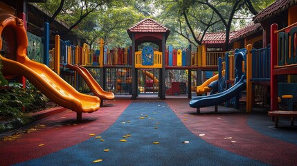 Empty colorful playground with slides and climbing structures in a park.