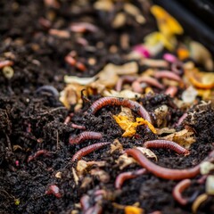 Close-up of Red Worms in Compost Bin