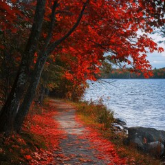 Autumnal Path Through Red Maple Trees Leading to a Lake
