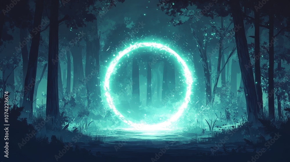 Poster enchanted forest portal glowing in moonlight with mystical aura surrounded by trees and ethereal lig