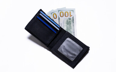 Banknote in black wallet isolated on white background. After edits.