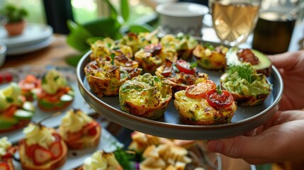 A plate of delectable brunch bites including mini quiches and avocado toast is passed around the table.