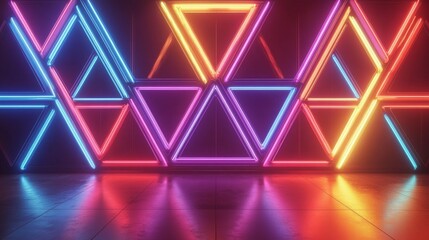 Vibrant LED stage setup featuring geometric triangular panels in pink and blue hues, modern event backdrop