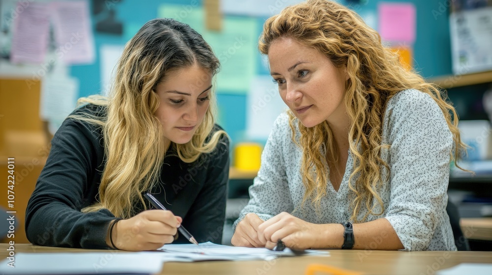 Poster a teacher providing one-on-one tutoring to a student, guiding them through complex problems and help