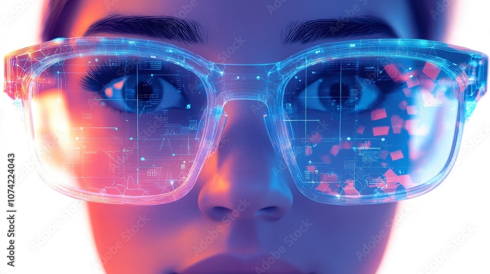Poster futuristic close-up of a young woman wearing transparent augmented reality glasses with data visuali