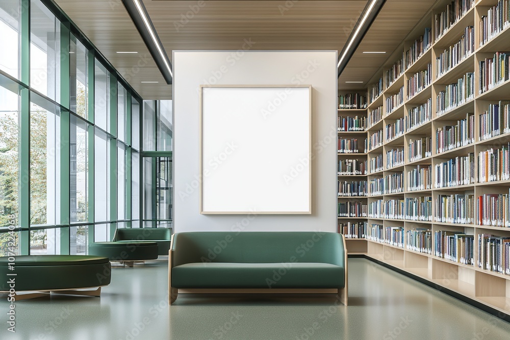 Poster modern library interior with a green sofa, a large blank canvas, and large windows with a bookshelf 