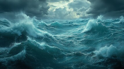 Turbulent ocean waves under a stormy sky create a dramatic scene.