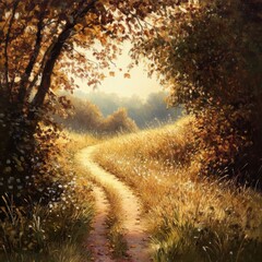 A Winding Path Through Golden Sunlight in a Lush Forest