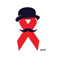 Red AIDS awareness ribbon icon with black mustache and hat icon.