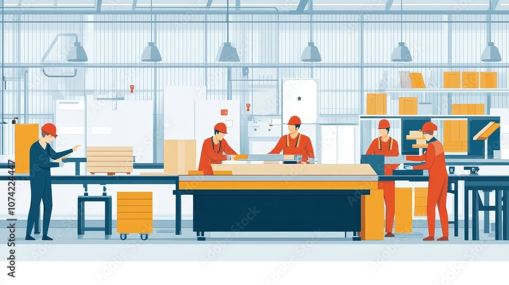 Poster a team of workers in a factory assembling furniture, showing how production lines operate in the fur