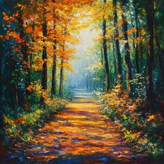Fototapeta premium Sunlit Forest Path with Autumn Trees and Flowers
