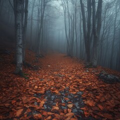 Fototapeta premium A Misty Forest Path Covered in Fallen Autumn Leaves