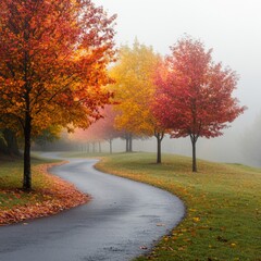 Fototapeta premium Winding Road Through Foggy Autumn Trees
