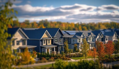A row of houses with blue roofs and solar panels on a sunny day.